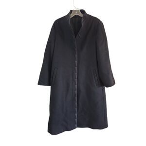 Vtg MARCONA Luxury Black Wool Trench Coat Sz 40 Hidden Button LARGE Office Siren